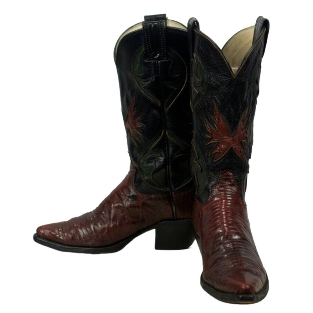 Olathe Burgundy Lizard Cowboy Western Boots Inlay Black Green Flowers Womens 6.5